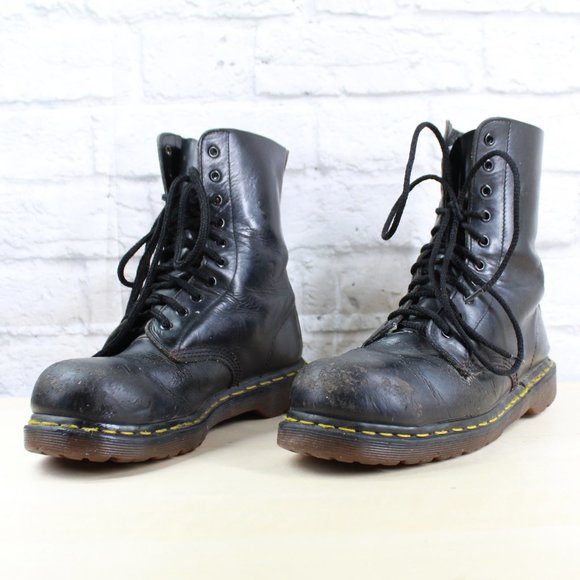 VTG! Dr. MARTENS Black Leather Lace Up Steel Toe C - Picture 2 of 8
